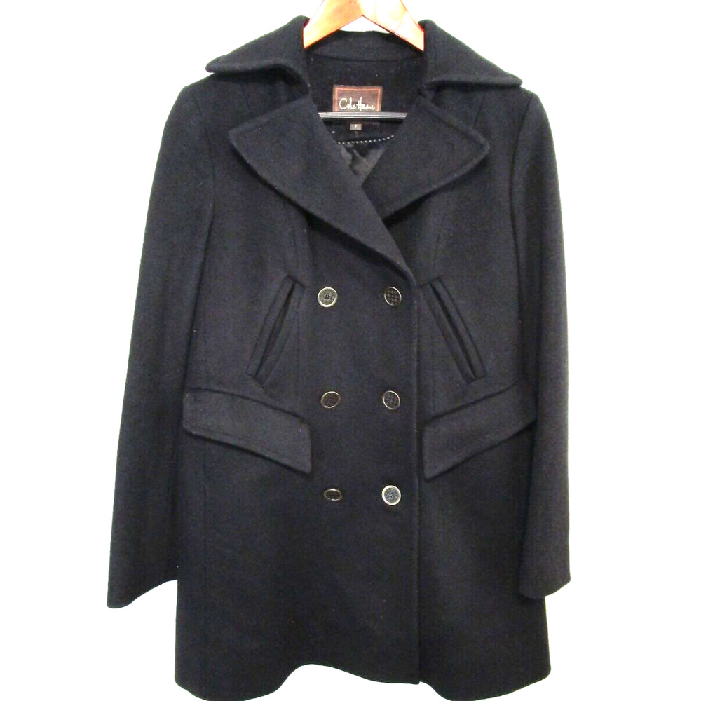 Cole Haan Black Wool Blend Military Style Mid Length Pea Coat Women Sz 2